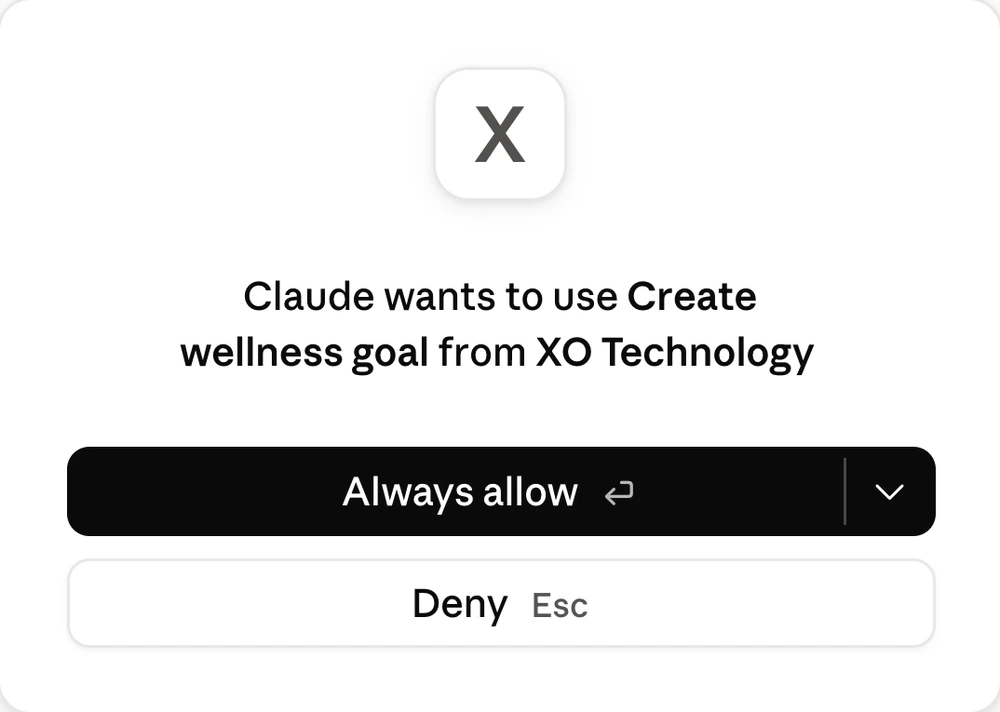 An approval prompt asking whether the assistant may create a wellness goal, with Always allow and Deny