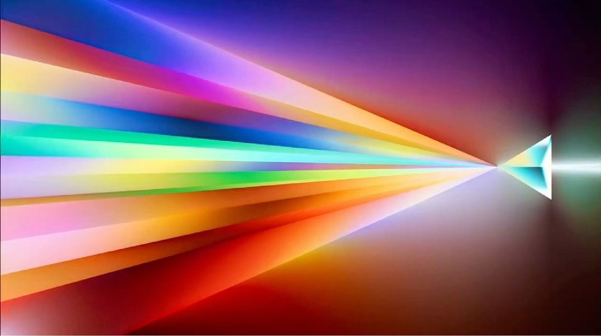 Many strands of light converging through a prism into one white beam