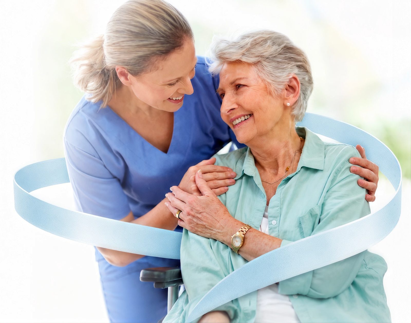 A caregiver and a resident, with a ribbon of light